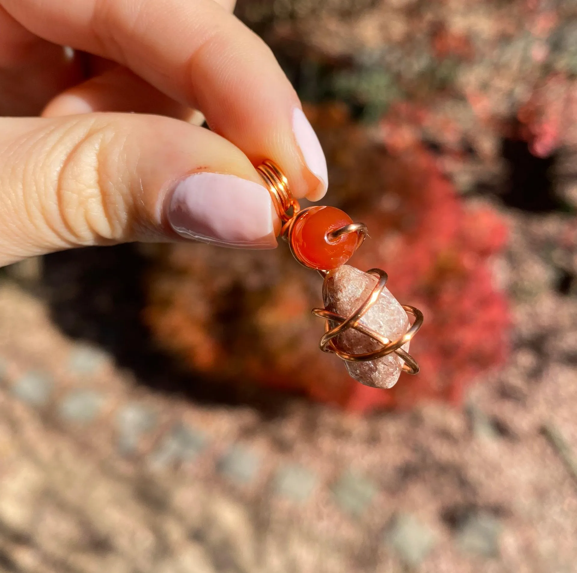Handmade Carnelian & Strawberry Quartz Crystal Pendant - Image 2