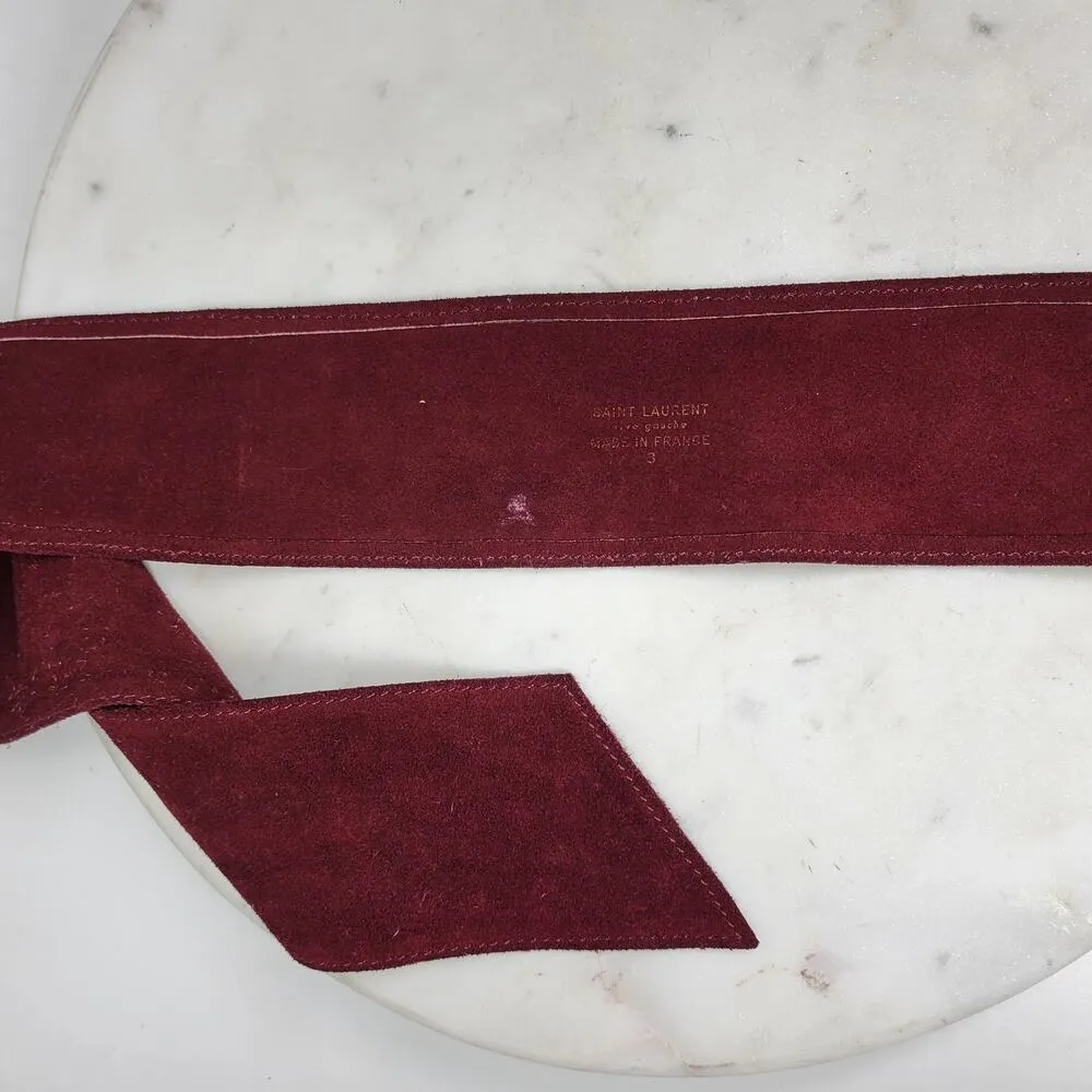 Vintage St Laurent Suede Belt 36" Burgundy Square Gold Floral Buckle Hippie Boho - Image 6