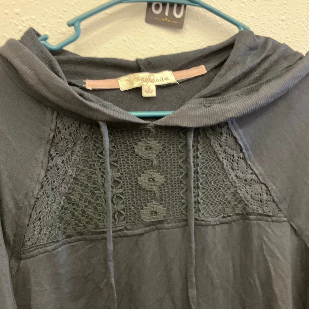 Rewind pull over crochet sleeve hooded sweater Small boho whimsigoth 740 - Image 2