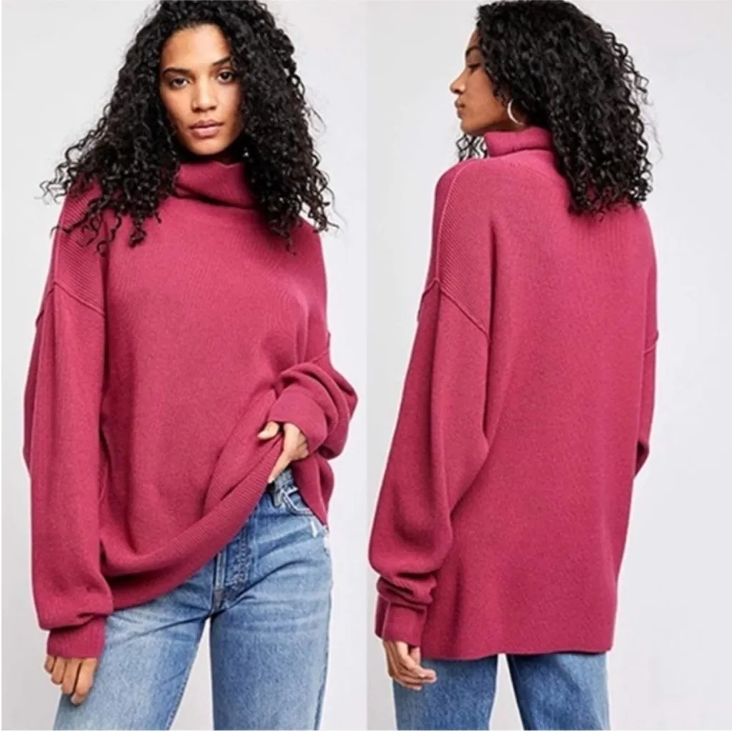 Free People Softly Structured Knit Tunic Turtleneck Sweater Oversized Berry XS - Image 2