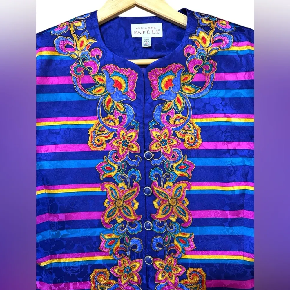 EXCELLENT Vintage Adrianna Papell Silk 2Piece Suit Blazer Skirt Stripe Floral 12 - Image 7