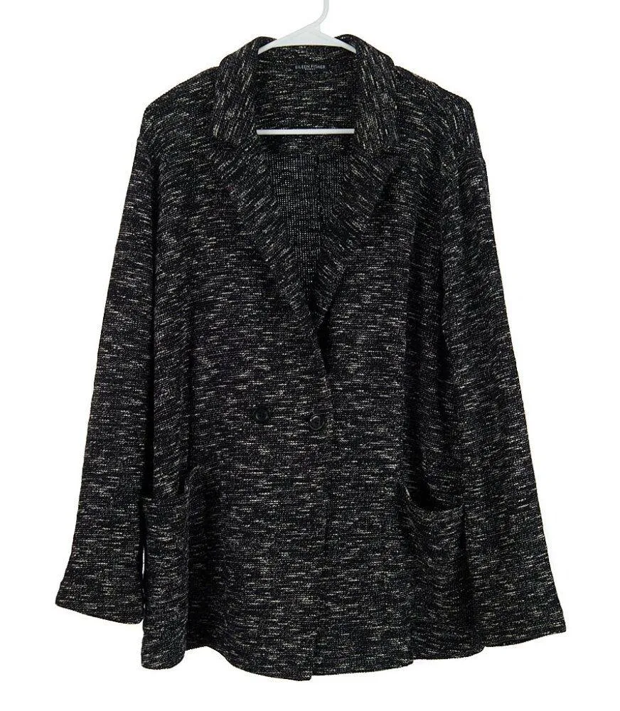 Eileen Fisher Black Notch Classic Collar Tweedy Organic Cotton Knit Blazer - Image 2