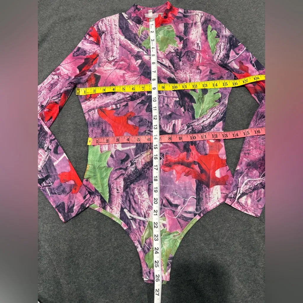 Women's Pink Camouflage Long Sleeve Mesh Bodysuit Size M Red Size M - Image 3