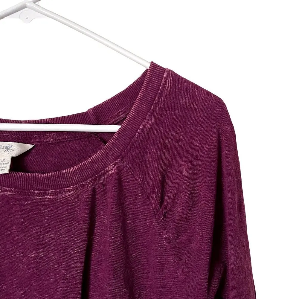 Terra Sky purple cotton 3/4 sleeve top blouse crewneck shirt bright deep comfort - Image 2