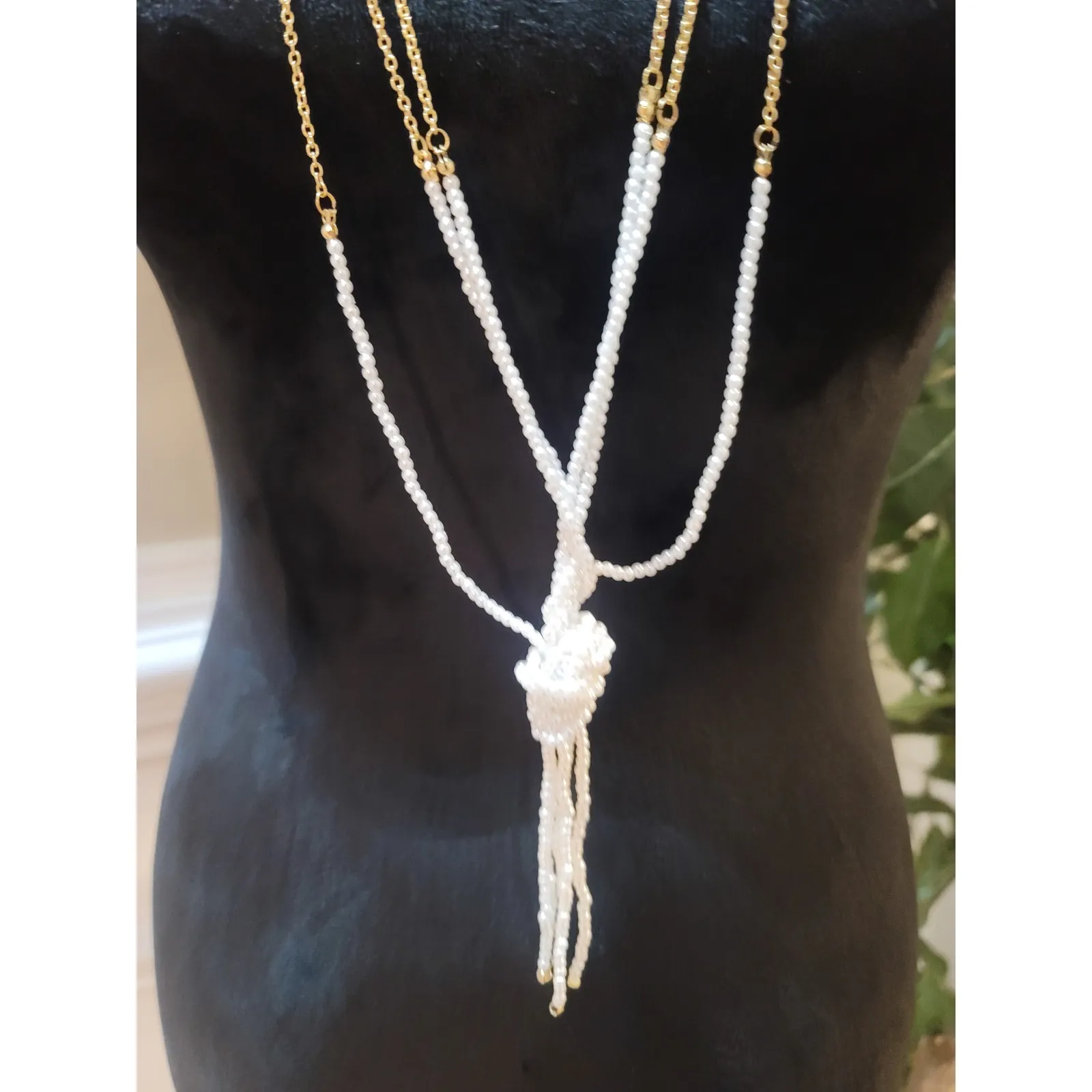 NY Women's Gold Chain And Pearl Beaded Long Necklace With Lobster Claw Lock - Image 3