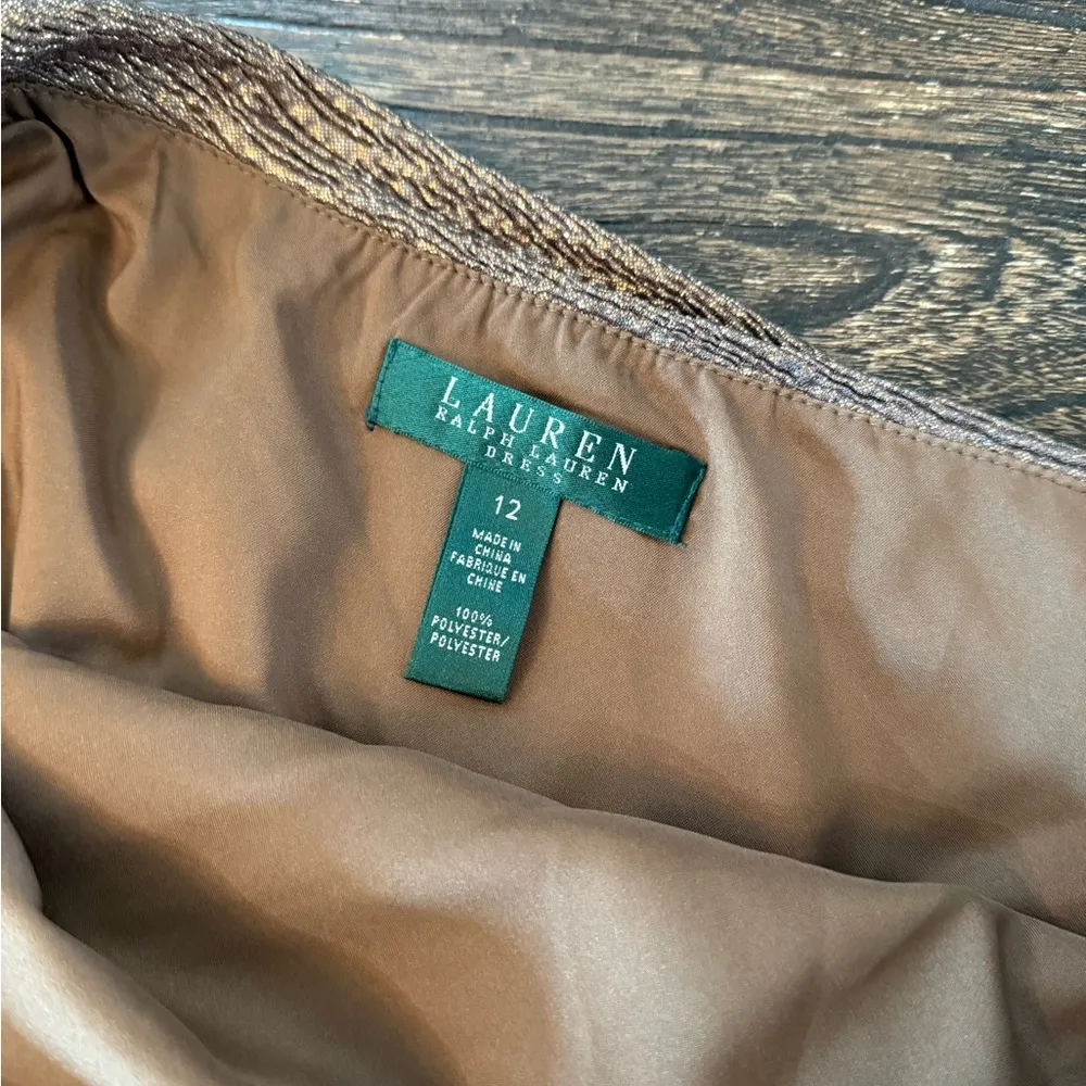 Lauren Ralph Lauren Metallic Bronze Dress 12 One Shoulder Ruched Cocktail - Image 6