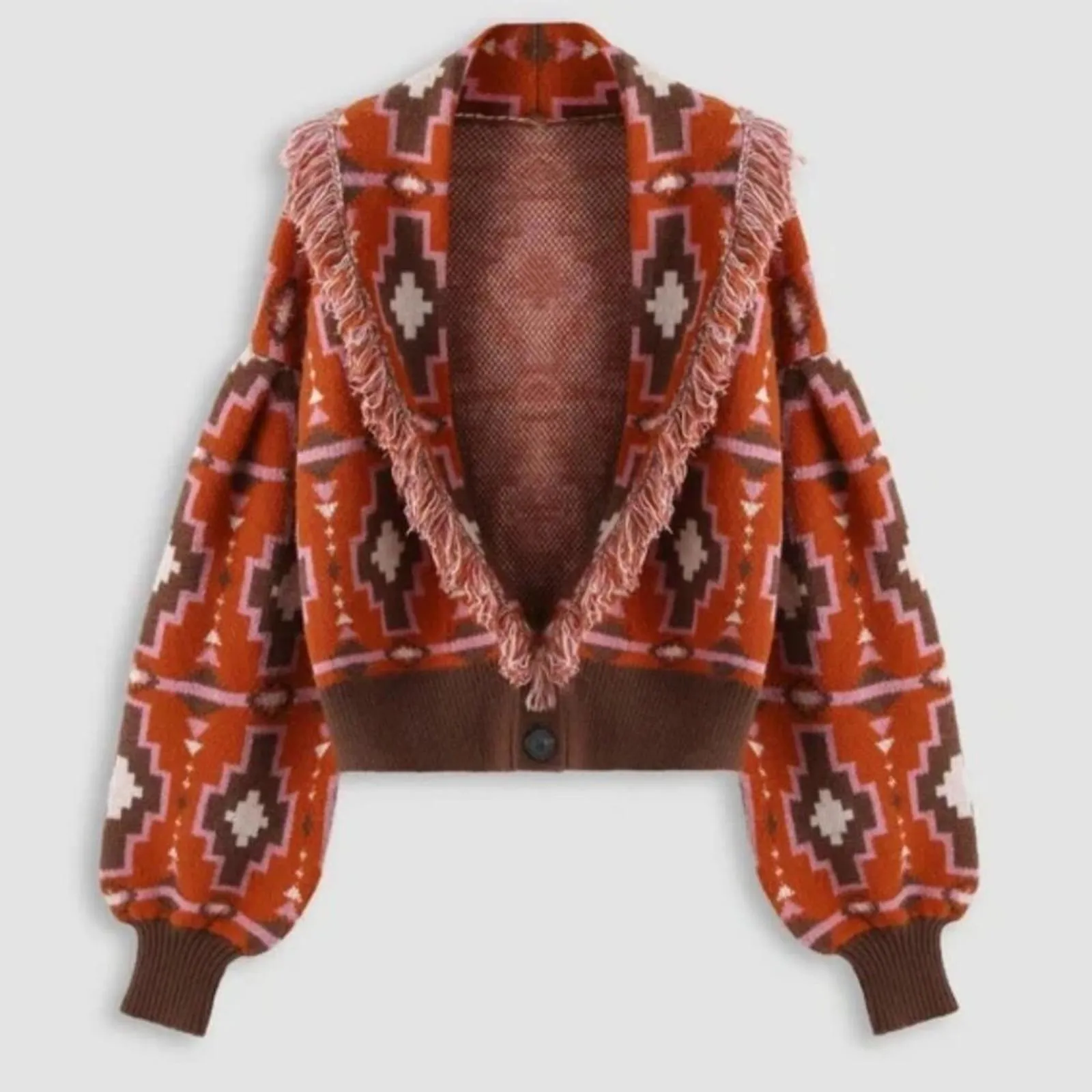 CIDER Boho Chunky Orange and Brown Oversized Sweater Button Down Fringe S [COPY] - Image 2