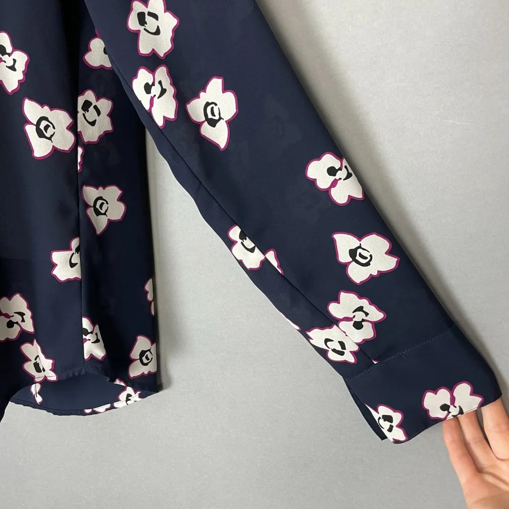 Express Portofino Shirt Blue Floral Polyester V-Neck Long Sleeves Office Small‎ - Image 10