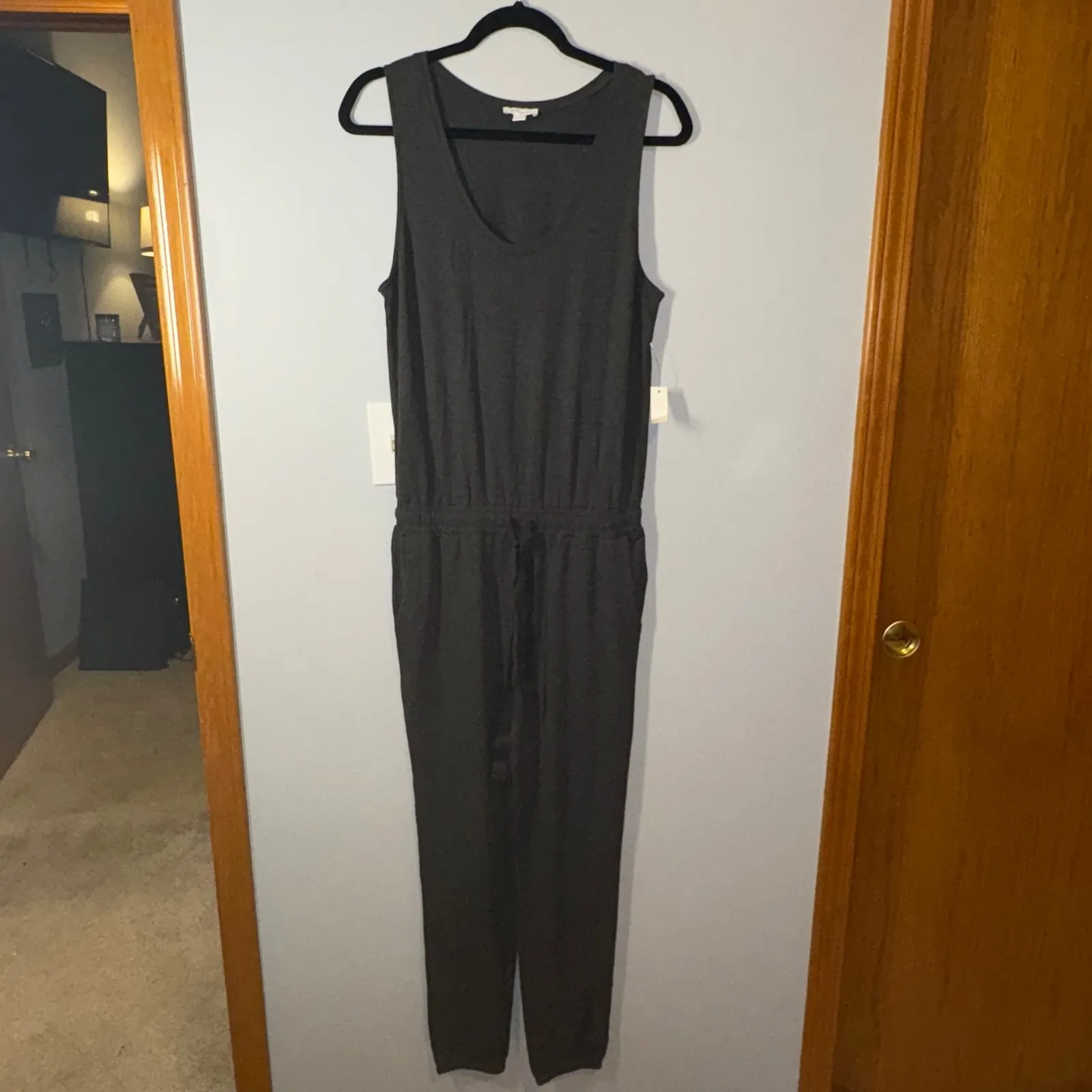 Daily Ritual Women's Sleeveless Knit Jumpsuit Drawstring Waist lounge comfy gray - Image 2