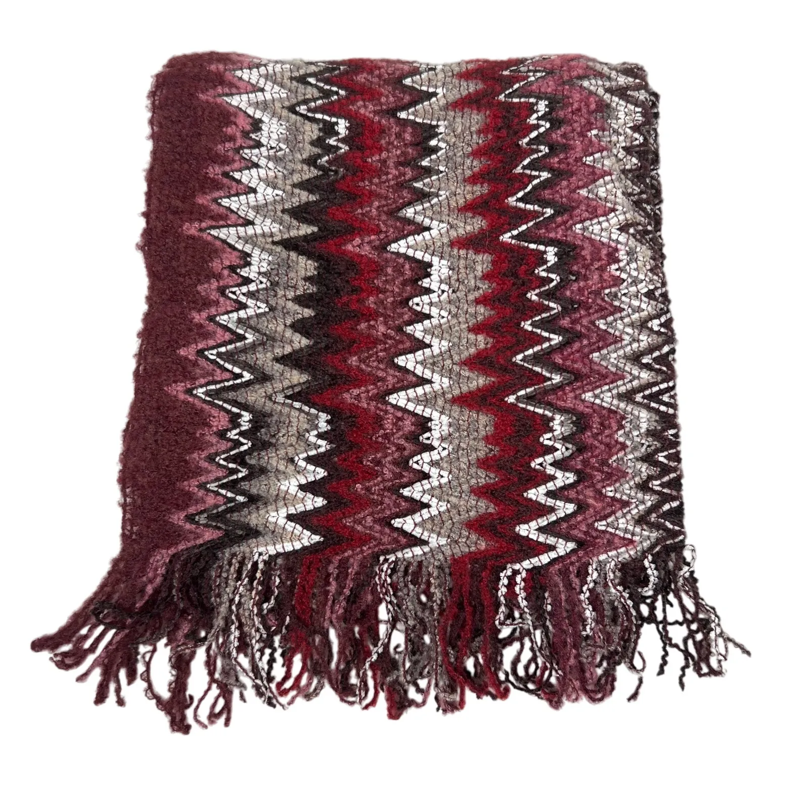 Missoni Zig Zag Purple Burgundy Wool Knit Blend Fringe Scarf - Image 2