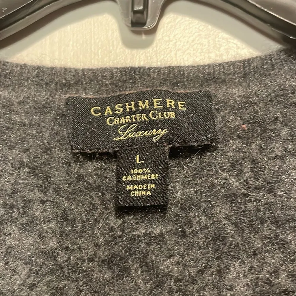 Charter Club- 100% Cashmere Luxury Grey V Neck Long Sleeved Sweater- Size L - Image 4