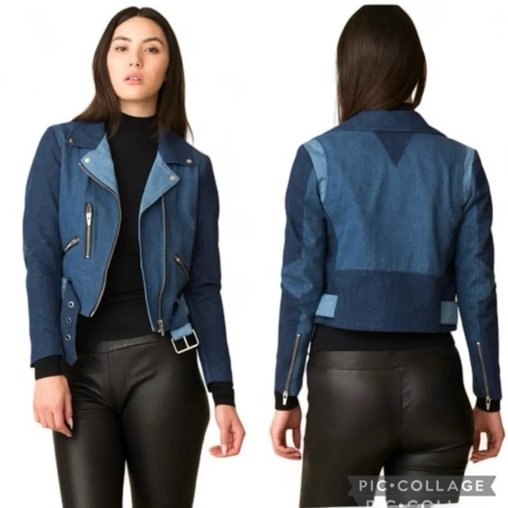 Veda Atmosphere Denim Jacket Moto 3 Tone Trio Blue S Cropped Belted Chic Edgy - Image 2