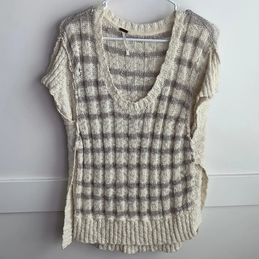 Free People Gray & Cream Striped High Low Knit Short Sleeve Shirt - Image 3