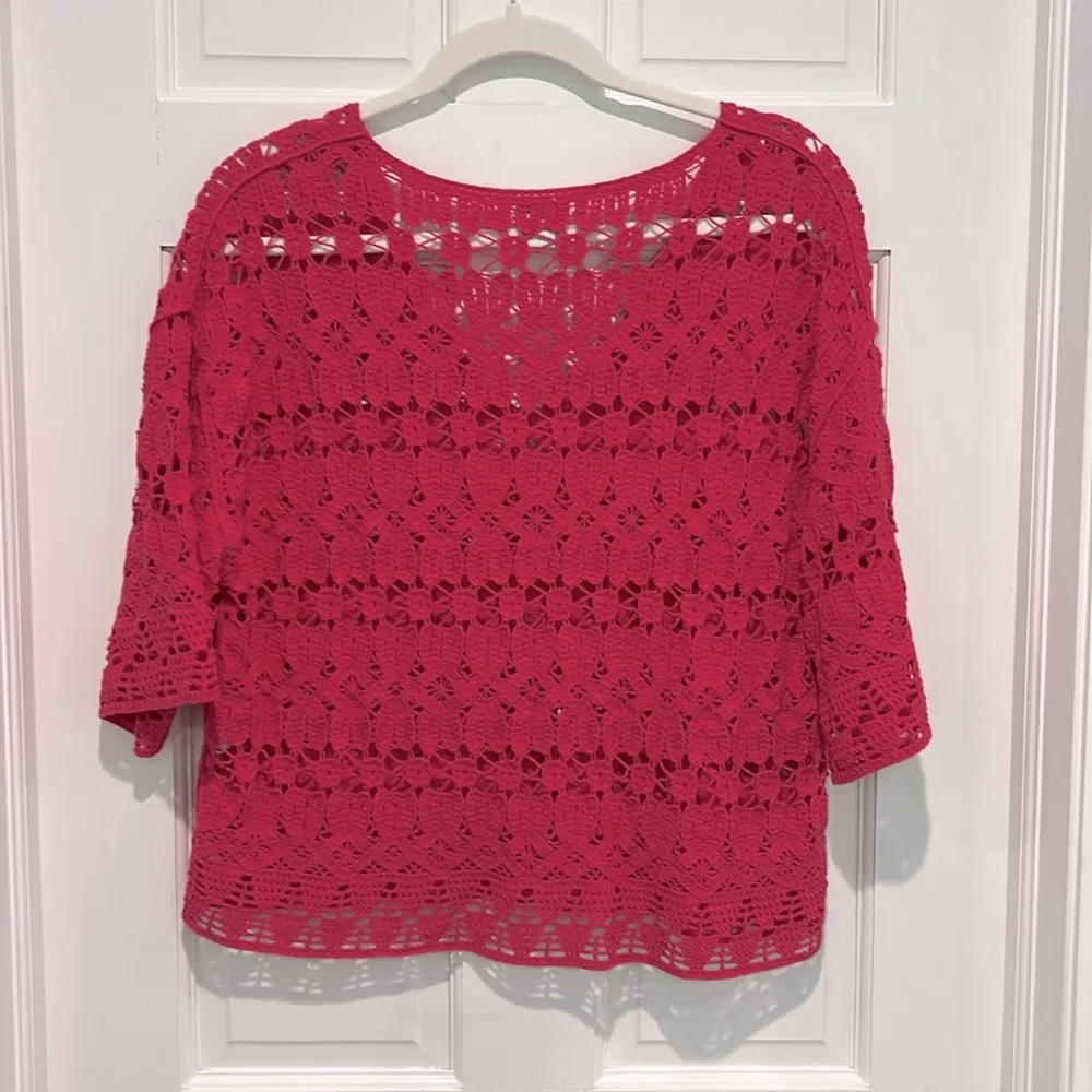 Sundance Samara Crochet Tee Small Fuchsia Hot Pink 3/4 Sleeves Summer Sweater - Image 5