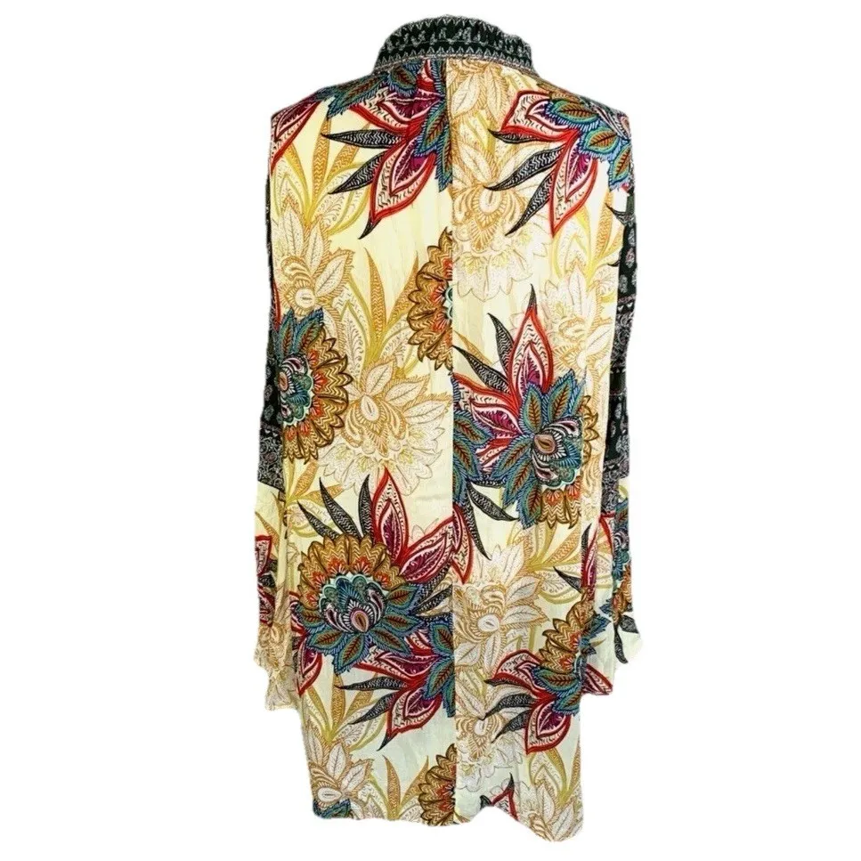 Boho Tunic‎ Dress Floral Paisley Print Long Sleeve Keyhole Neck Flowy - Image 12