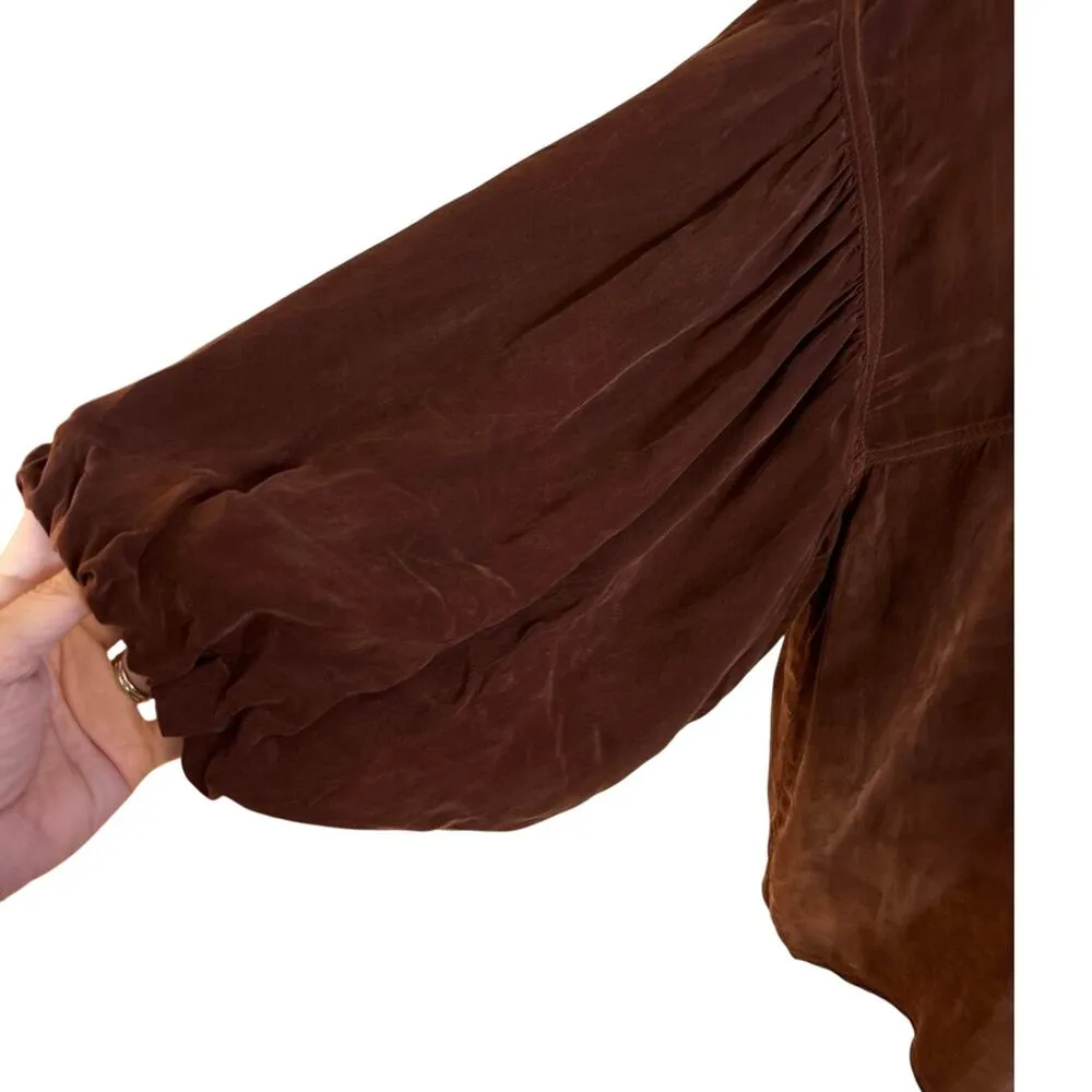 Tianello L Button Up Shirt Brown Blousy Balloon Sleeves Western Boho Gypsy USA Size L - Image 2