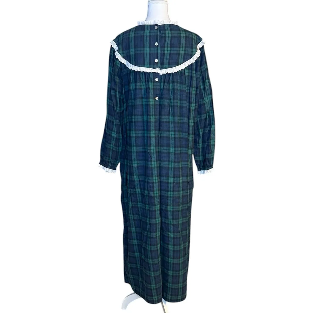 Vintage Lanz of Salzburg Plaid Nightgown Flannel Eyelet Lace Trim M Medium Blue - Image 5