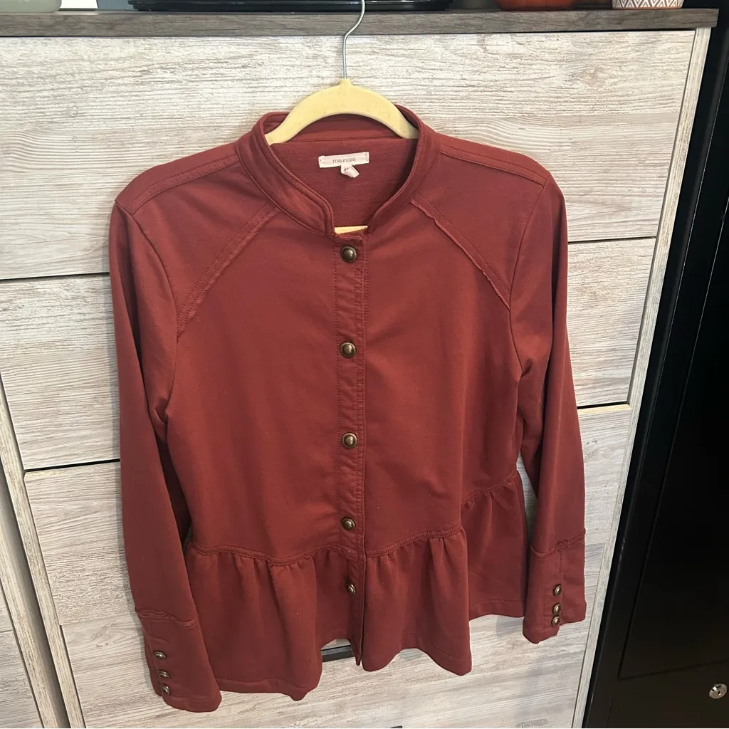 Maurice’s Dark Brown Ruffle Trim Military Jacket Size Medium in a Red Maroon - Image 2
