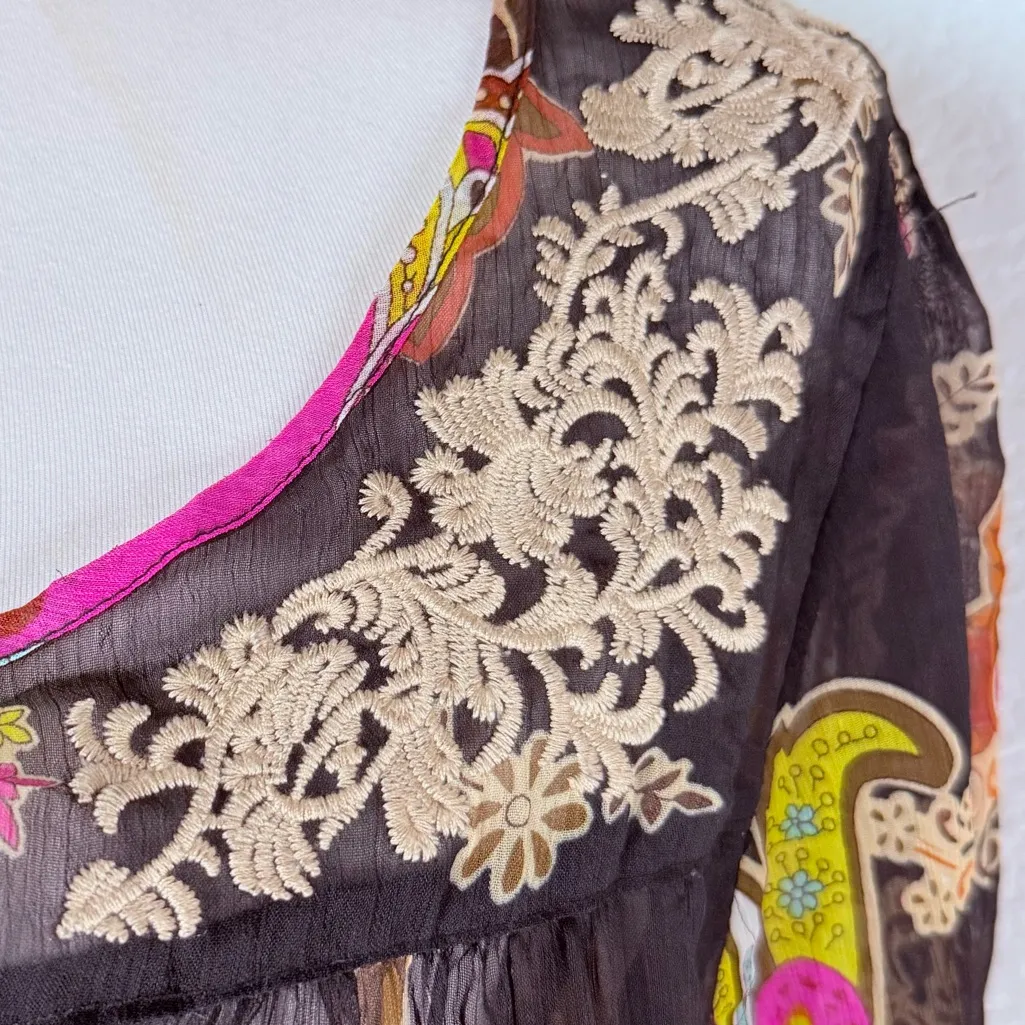 One‎ World boho peasant top, black tassel tie. Size L - Image 2