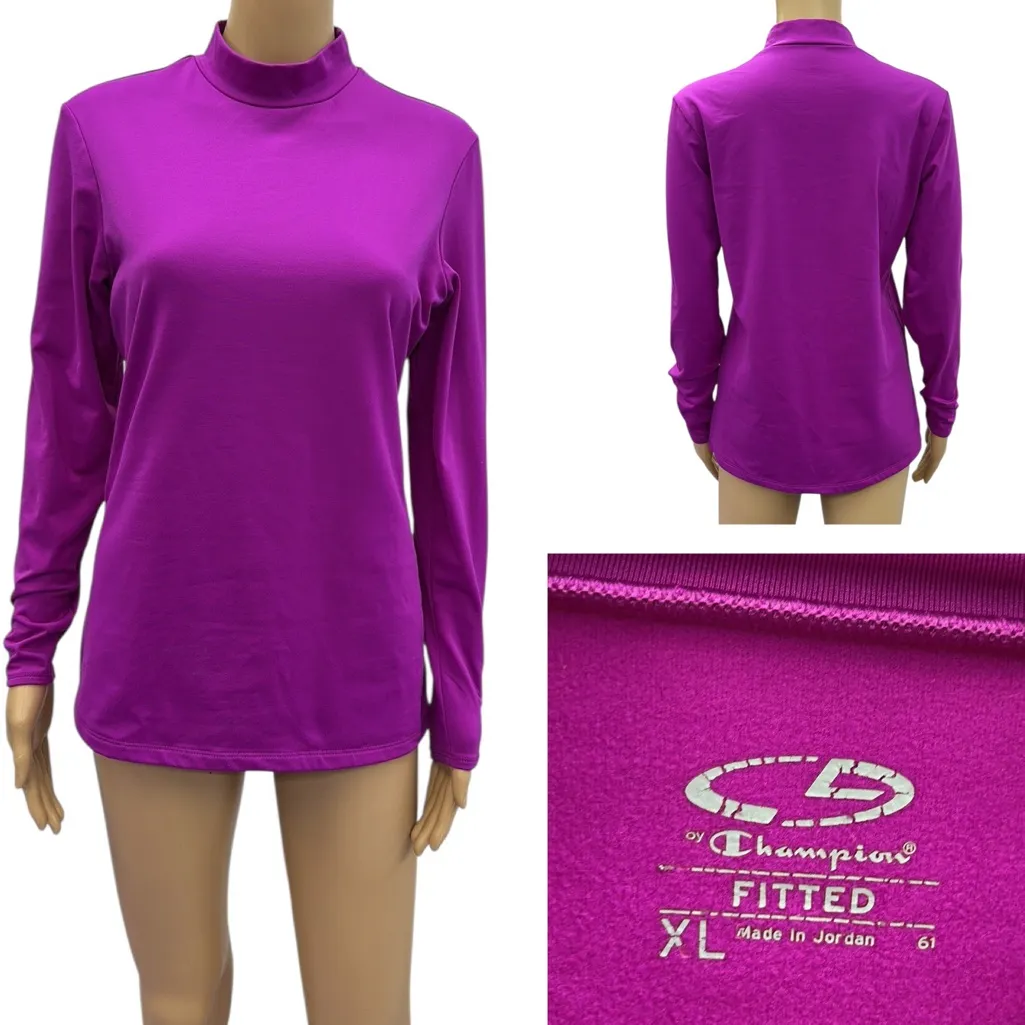 Champion Athletic Fitted Fuchsia Long Sleeve Fleece Lined Mock Neck Shirt XL - Image 2