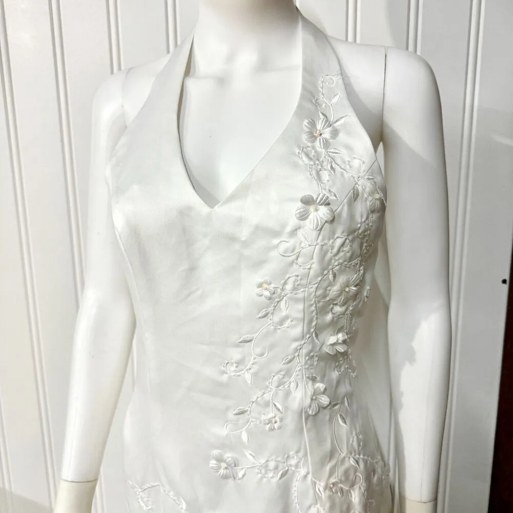 CINDERELLA Wedding Dress Women Size M Halter Neck Pleated Floral Open Back White - Image 3