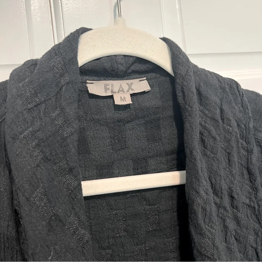 Flax Linen Blend Open Cardigan Black Large Gauzy Longline Textured Checkered - Image 3