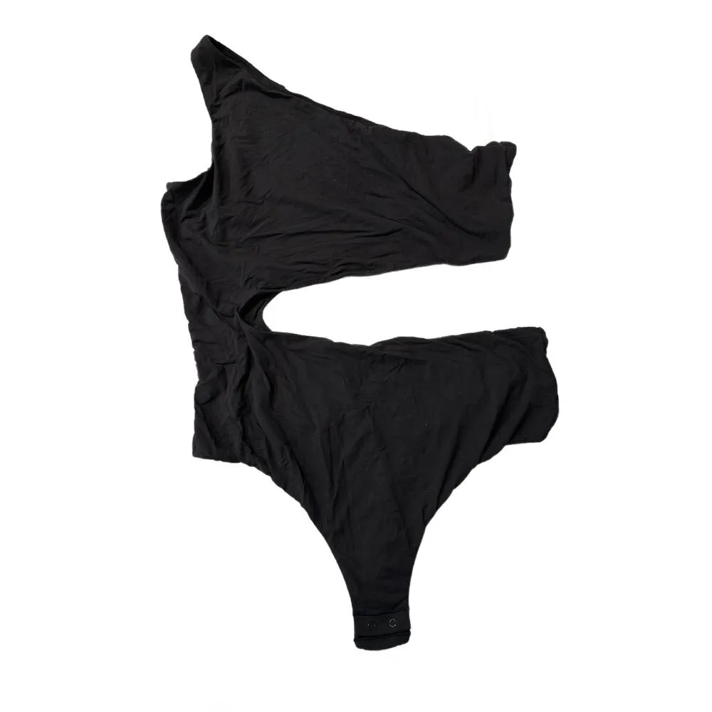 Size 4X Fits Everybody 1 Shoulder Cut Out Bodysuit Onyx Black BD-THG-3042 - Image 2