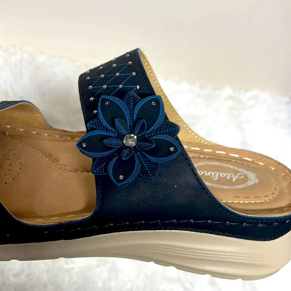 NWOT  Blue Rosette Flower Embellished Slip on Padded wedge sandals - Image 2