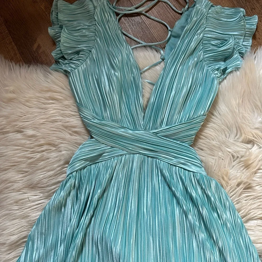 LULU’S Captivating Delight Teal Blue Plisse Satin Lace-Up Mini Dress - Image 5