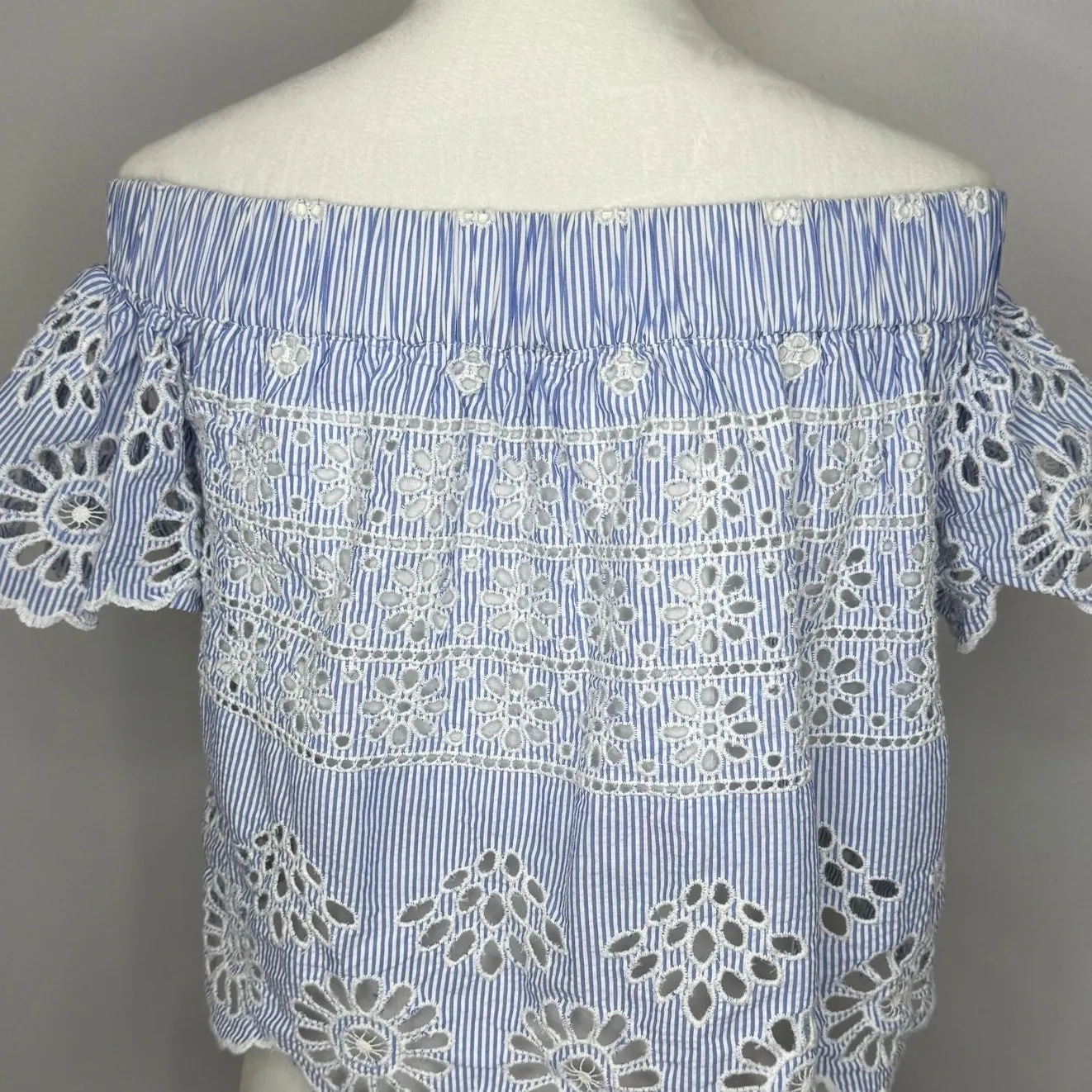 Sea‎ New York Off Shoulder Eyelet Top Size 2 Blue White Stripe Scallop Hem Boho - Image 9