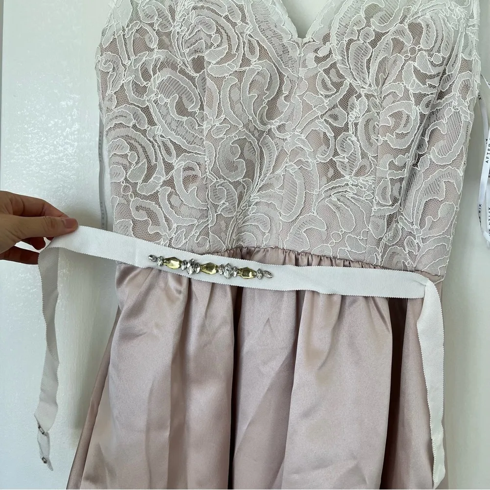 Dessy Collection After Six Cameo Cream Blush Lace Cocktail V Neck Dress Size 8 Pink - Image 7