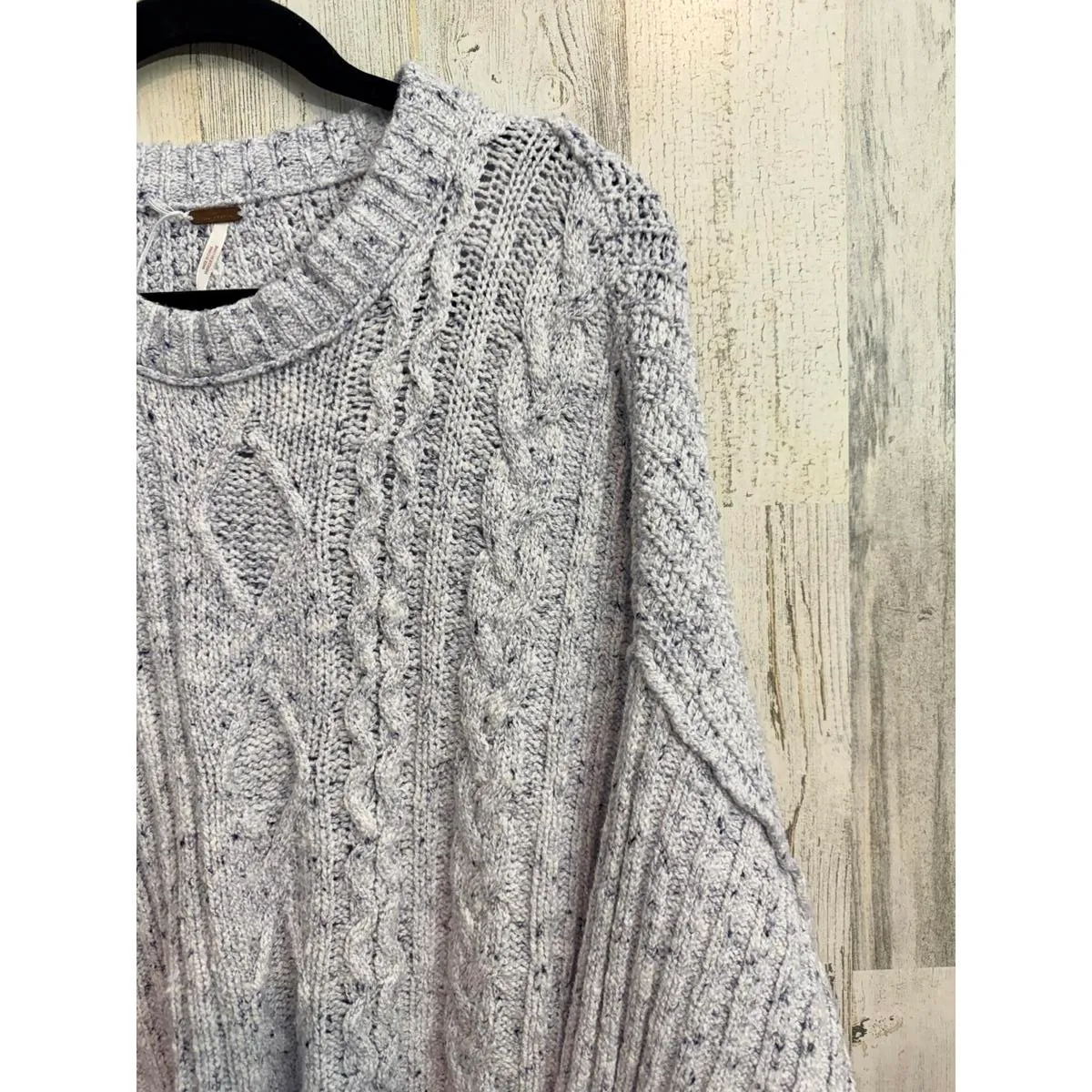 SOLD Free People Large Cable Knit Crop Sweater Oversized Gray Cotton Blend Boh - Image 5