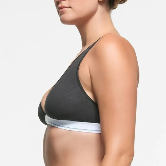 NWT SKIMS Cotton Rib Plunge Bralette Size 4X Sport Stripe Black White Logo Band - Image 6