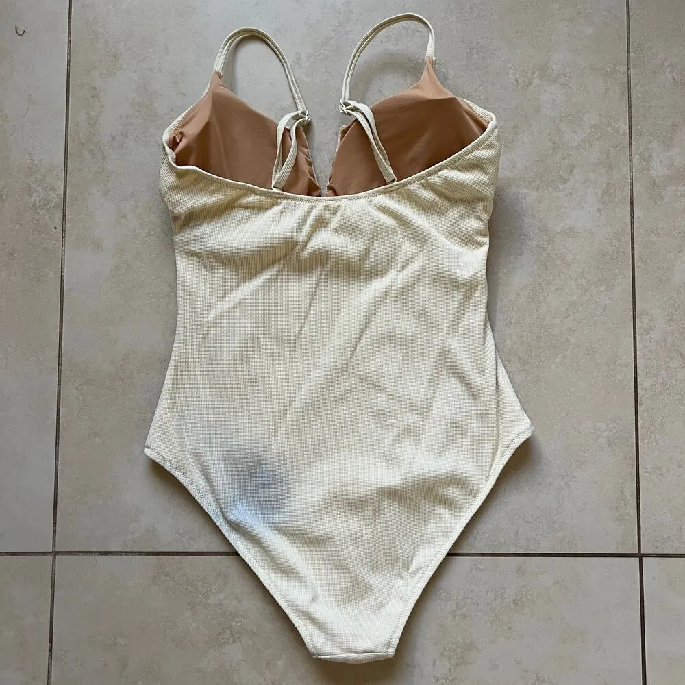 Piqué V-neck Swimsuit Cream Size XL - Image 3