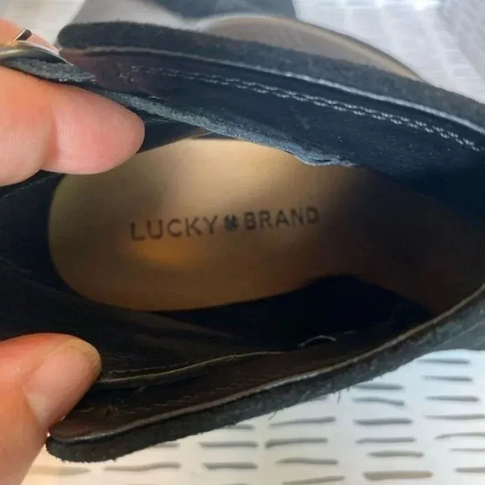 Lucky Brand Yasine‎ Black Suede Slip On Ankle Booties Womens Size 6 Wedge Heel - Image 8