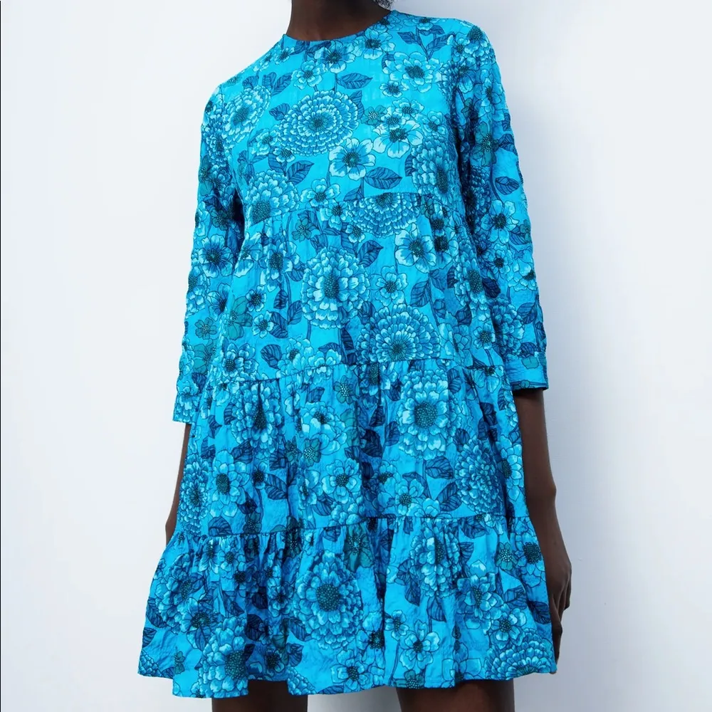 Zara FLORAL PRINT MINI DRESS Flounced Hem Blue Size S New - Image 6