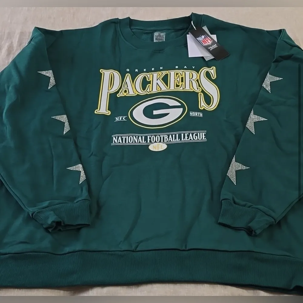 Green Bay Packers NFL Women's Rhinestone Sleeve Sweatshirt Green Size Large - Image 5