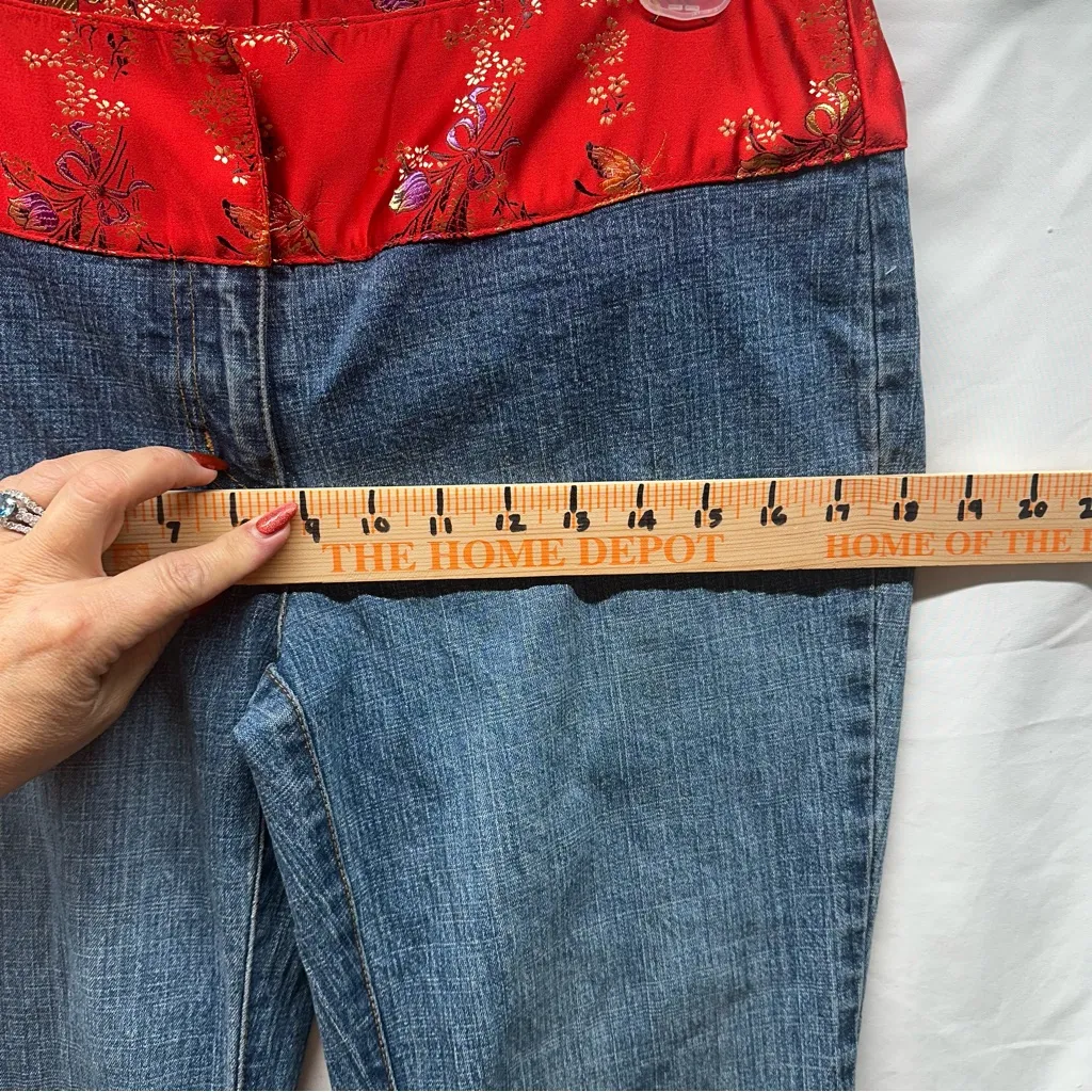 I.N.C Y2K Bootcut Jeans Red Satin Embroidered Oriental Waistband 8 No Stretch Blue - Image 6