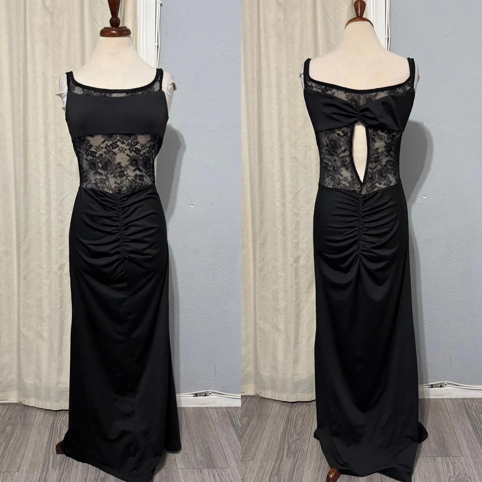 SHEIN Black Lace Trim Ruched Bodycon Maxi Dress Formal Evening Gown Whimsigoth L - Image 2