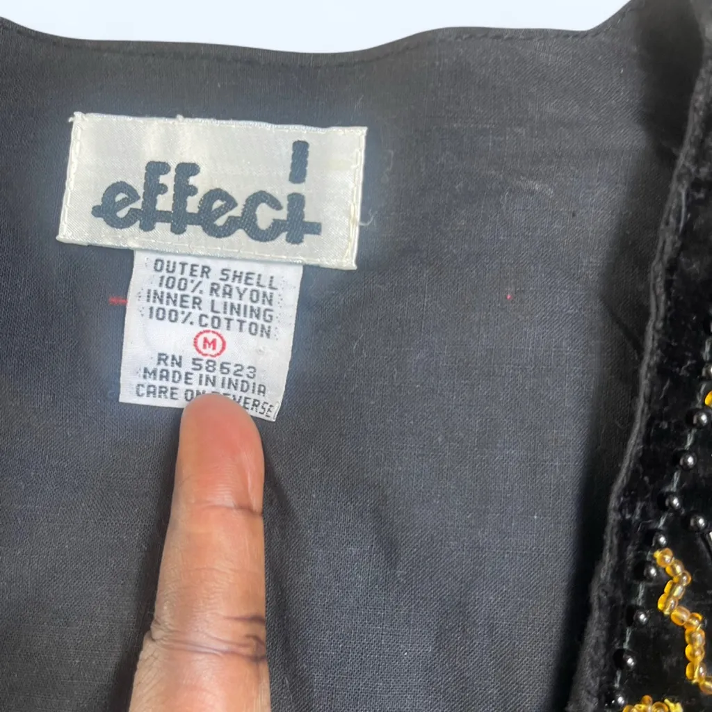 VTG 90s Effeci Black gold Beaded Sequin Open Front Vest Whimsigoth Boho Medium - Image 6