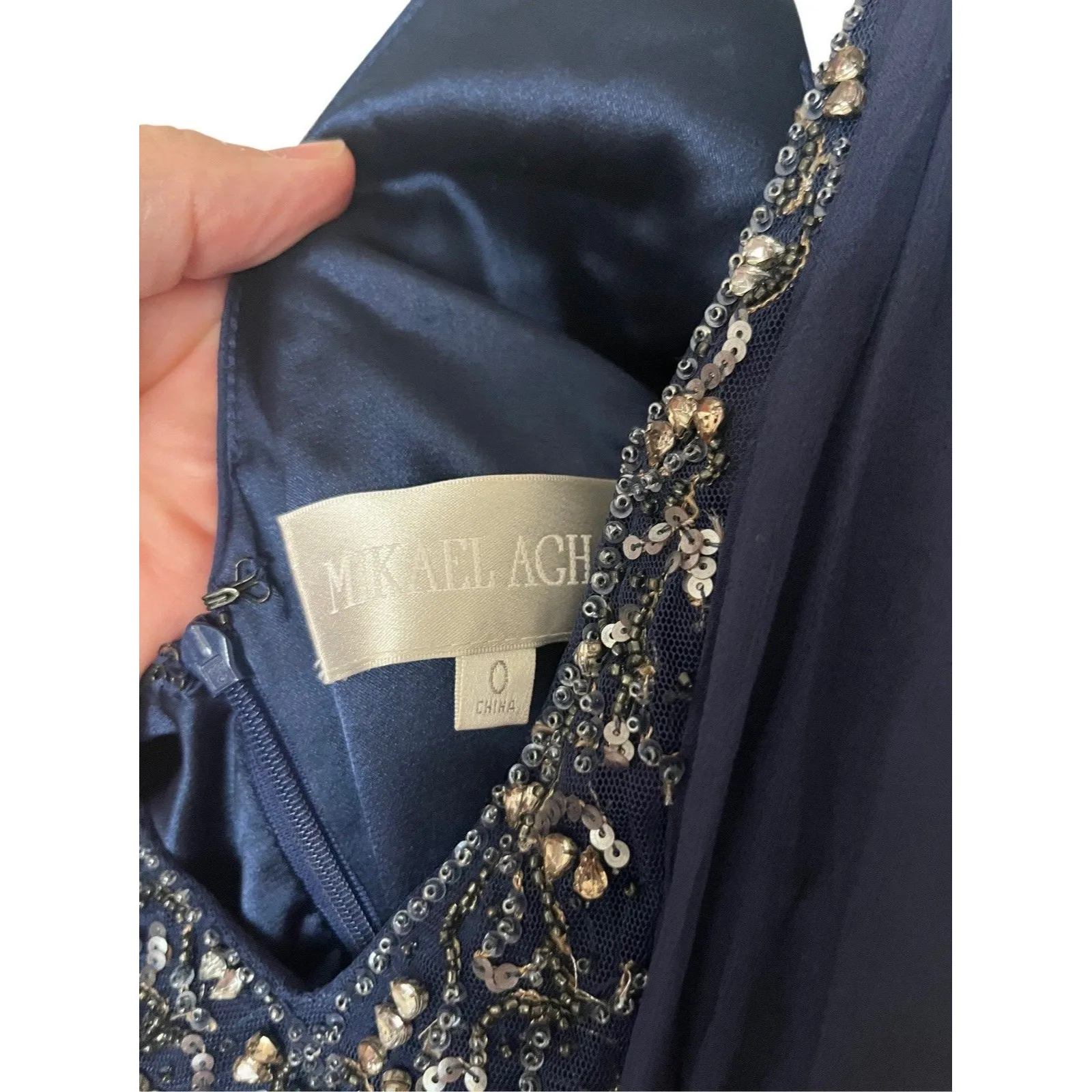 Mikael Aghal Silk Maxi Gown Blue Beaded Prom Formal Event Dress Size 0 - Image 15