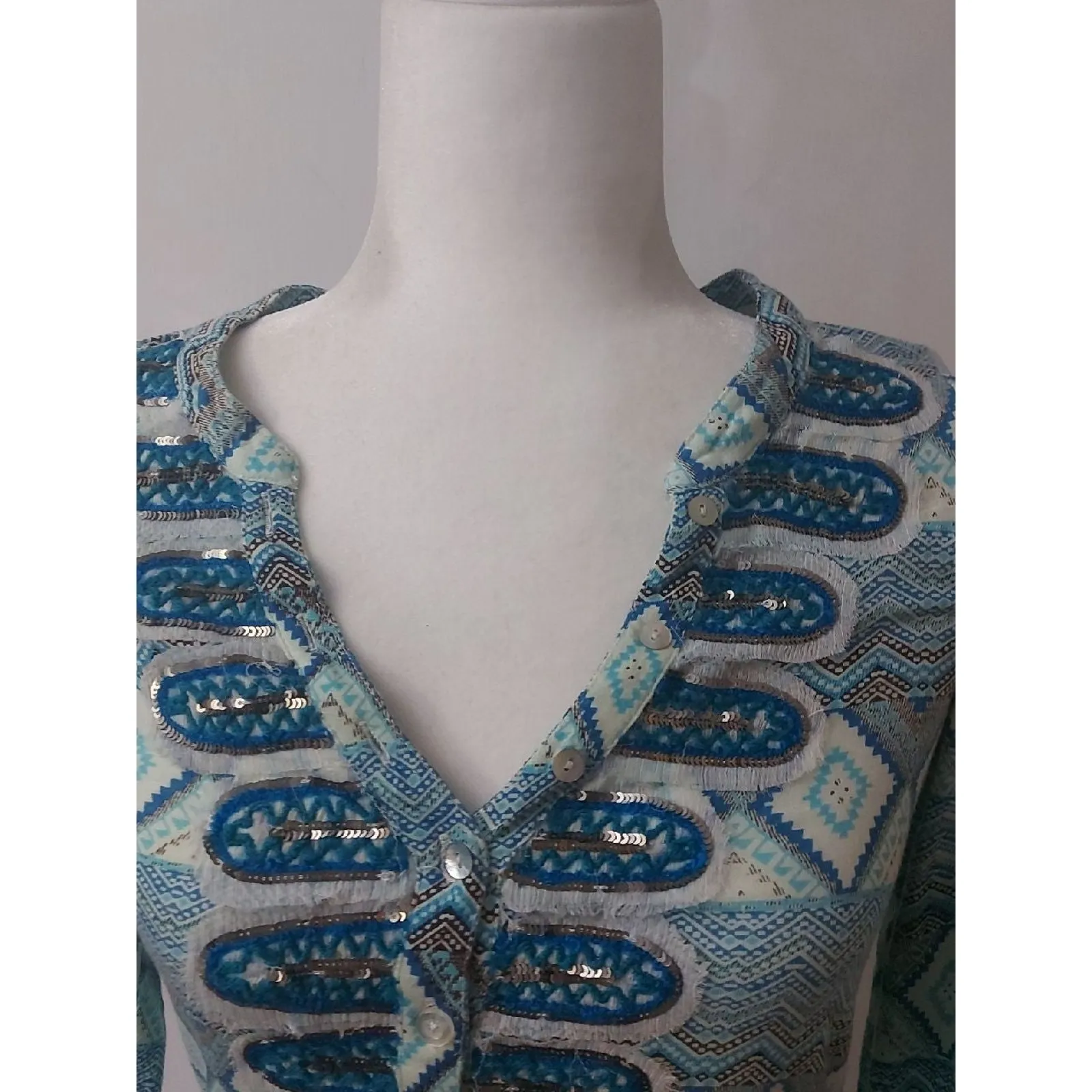 Akemi + Kin ANTHRO Turquoise Sequin Top S Bohemian Festival Hippie Mermaid Blue - Image 4