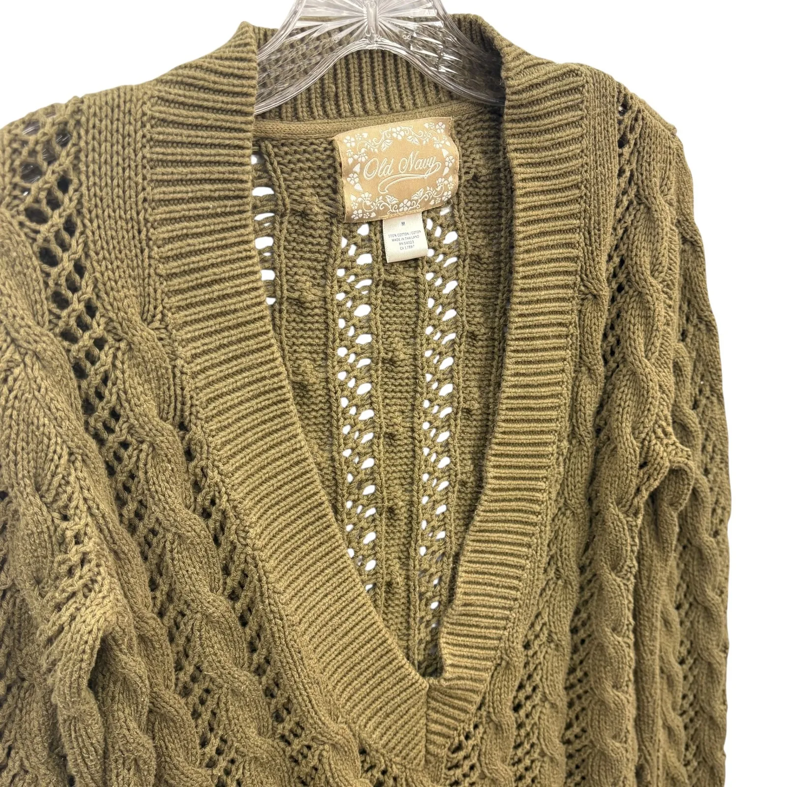 Y2K Old Navy Women's Olive Green Cable Knit‎ Open Weave Pullover Sweater Size M - Image 5