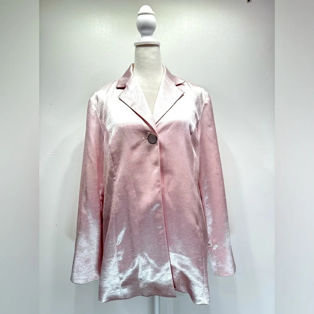 Chico’s Soirée Shine Laraina Jacket Shimmery Pink Long Blazer Size 1/M Barbie - Image 2