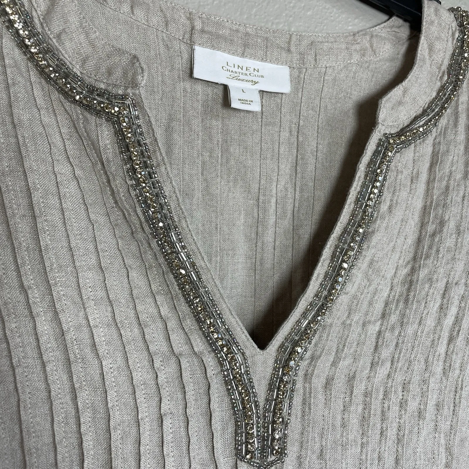 Charter Club 100% Linen Luxury Size Large Sparkly Tan Shirt Top Beige Minimalist - Image 6