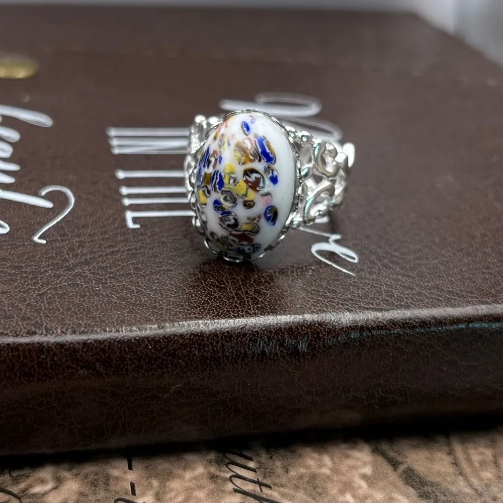 Vintage 1970s Colorful White Millefiori Cabochon Boho Style Stainless Steel Ring - Image 3