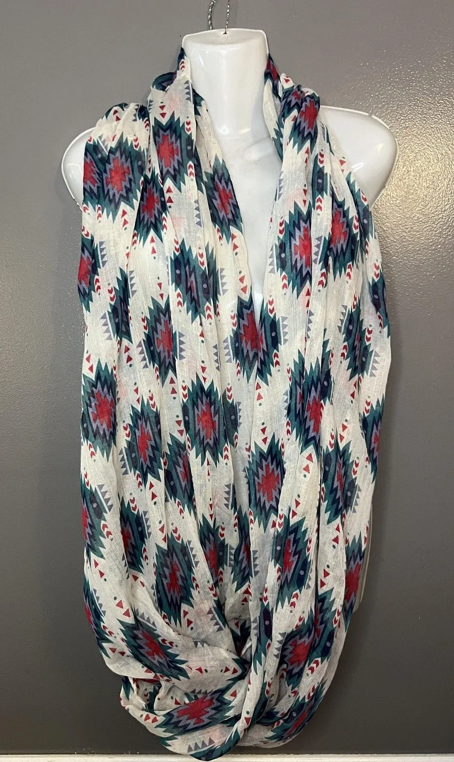 Aztec Southwestern Scarf Womens One Size Red Teal Geometric Lightweight Shawl - Image 1