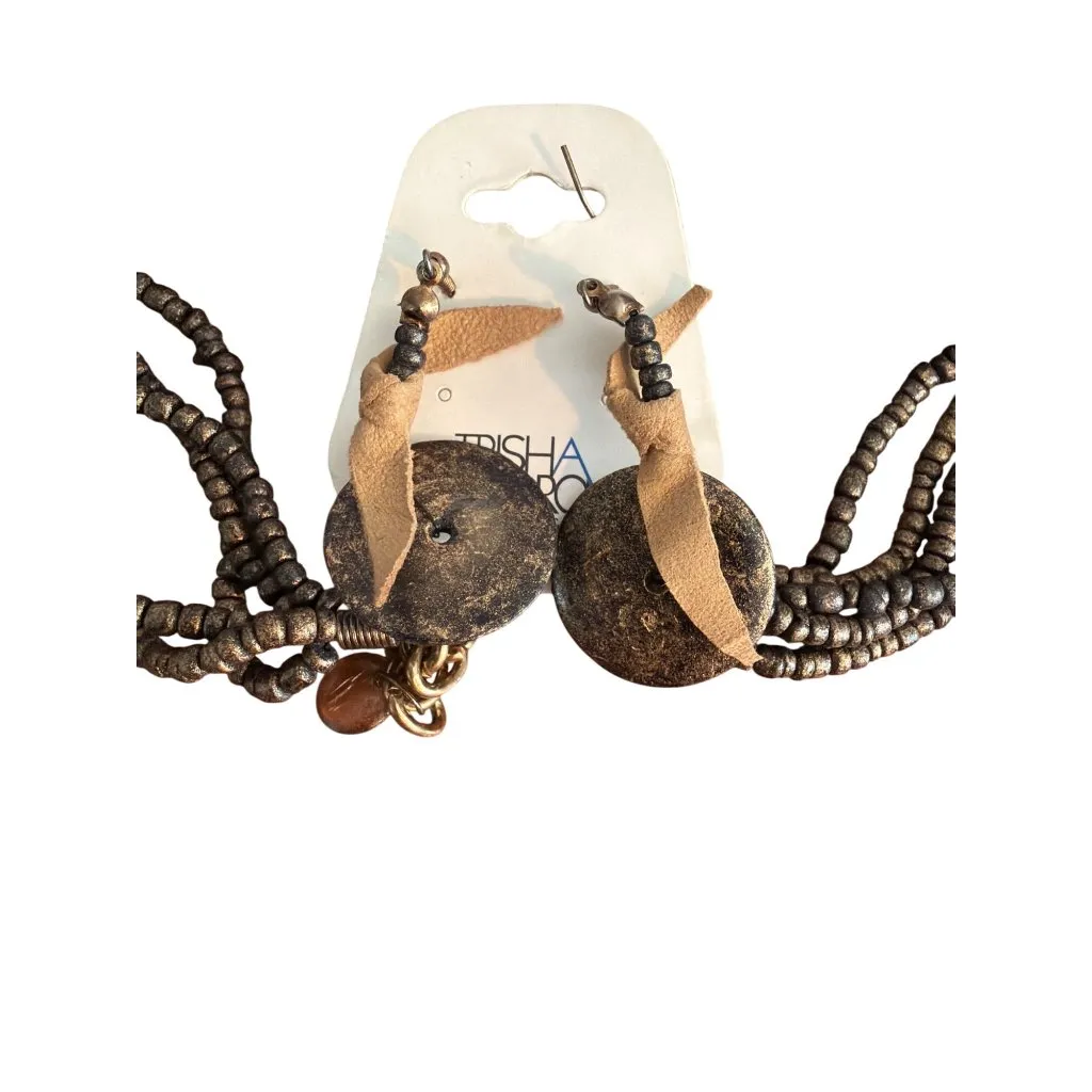 Trisha Waldron Leather & Bead Multistrand Necklace & Earrings Set Round NEW Brown - Image 4