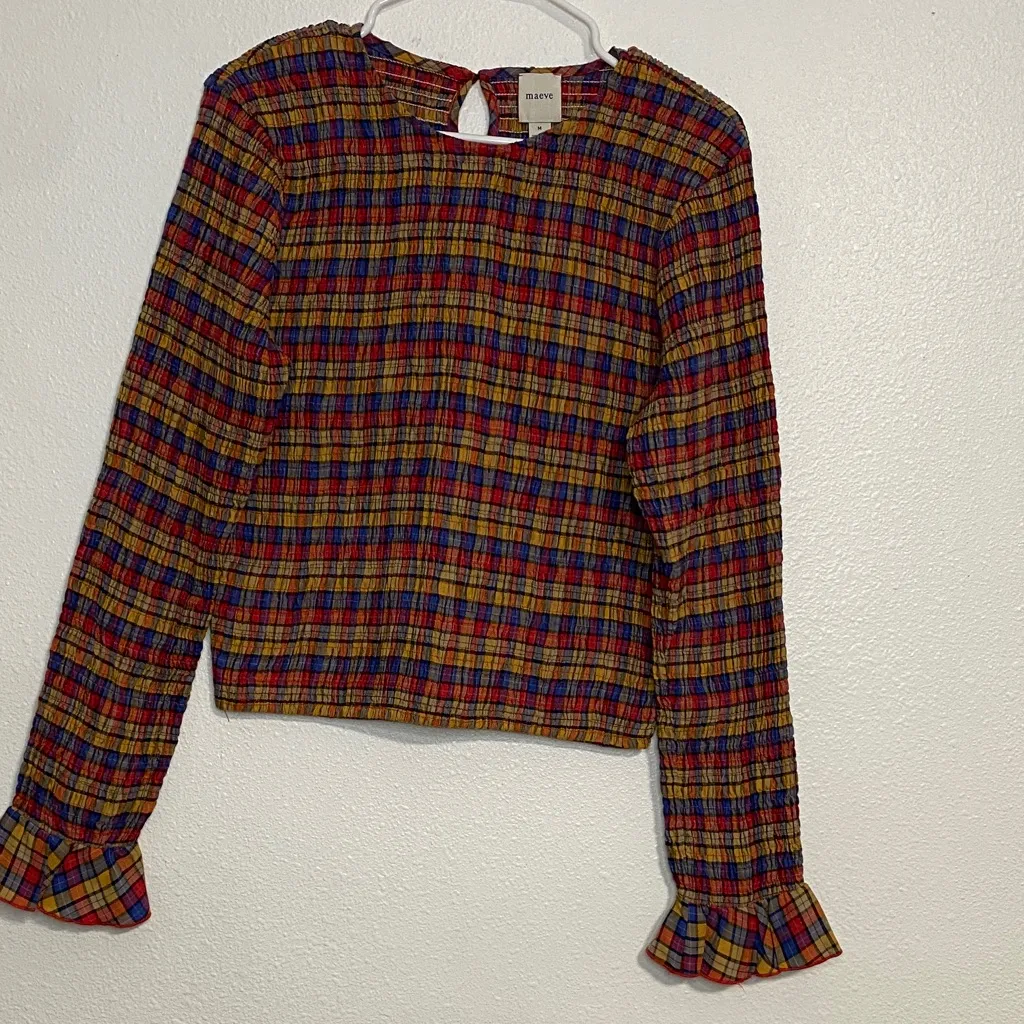 Stylish Plaid Long Sleeve Blouse Red Size M - Image 3