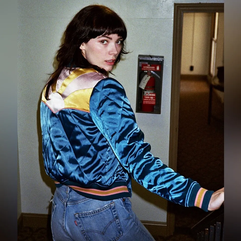 Classic Rock Couture Peacock Rising Sun Quilted Bomber Jacket XL Retro Vintage Blue - Image 9